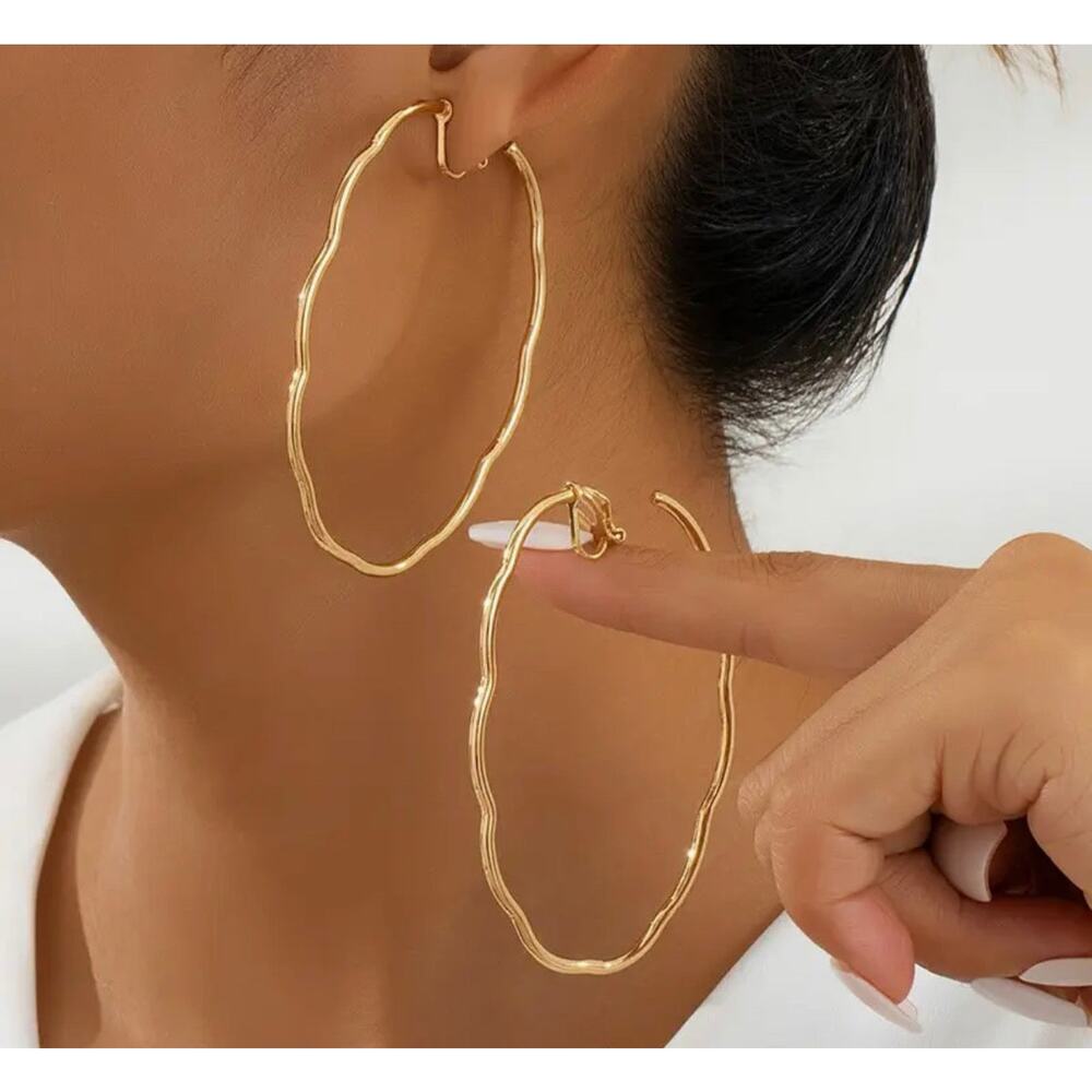 Clip on 2 3/4" large gold scalloped edge hoop earrings